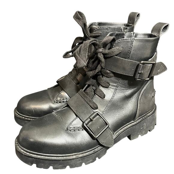 Ugg Noe Combat Moto Leather Black Lug Sole Buckle Boot‎ Womens 10 Military Cop - Picture 1 of 7